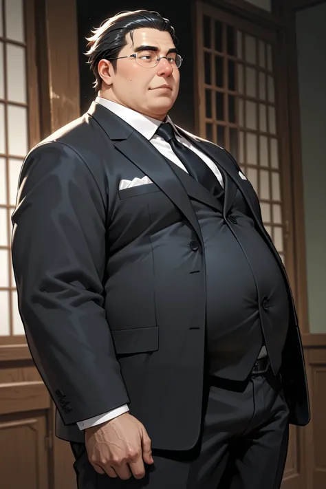 obese fat man,male focus,rimless glasses,black slicked back hair,japanese , narrow eyes, nose,suit,standing