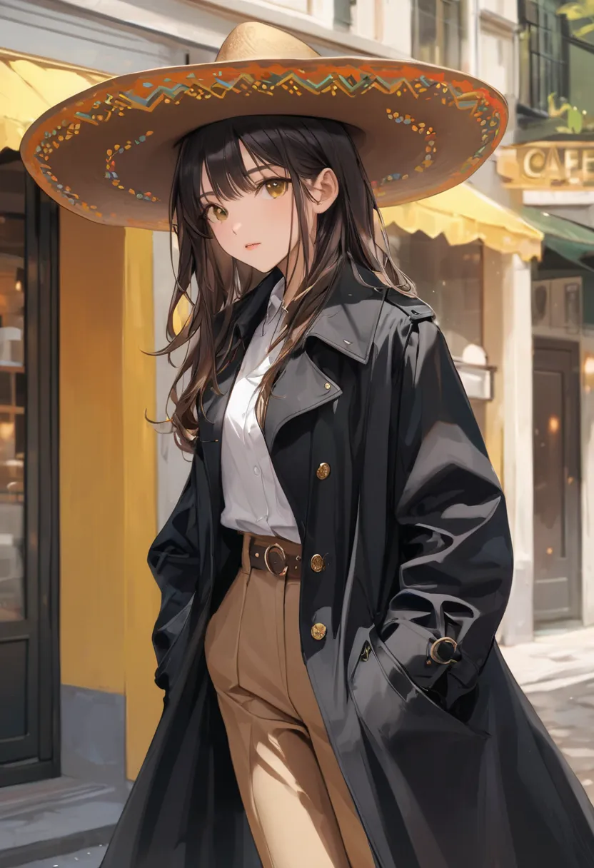 Hands in pockets,Exquisite facial features,Young women，Black trench coat, sombrero café con un listón amarillo.