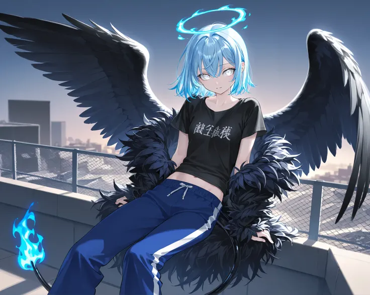  max image quality、 ultra-fine in 8K、 Diamond Blue Hair 、White Eyes、Feather coat、 black angel wings 、Alien Tail、rooftop、 blue flame、 black t-shirt、Dabodabo pants