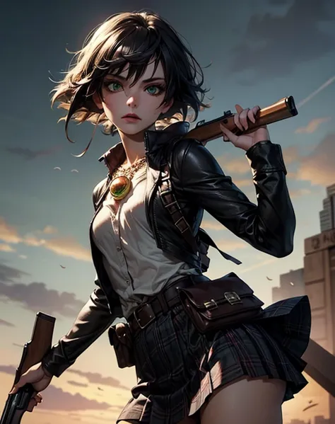 masterpiece, best quality,  dmc3lady, scar, heterochromia, shirt, plaid skirt, necklace, pouch, cowboy shot,  gunatyou, gun, aiming at viewer, holding gun, furrowed brow 