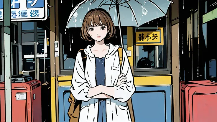 In a bustling city，Heavy Rain，Girl standing in the rain ，Her eyes are full of sadness， and look very sad， dark eyes， and feel they have been wronged，The rain washed over her cheeks。She insisted on waiting， he believes his loved one will return。