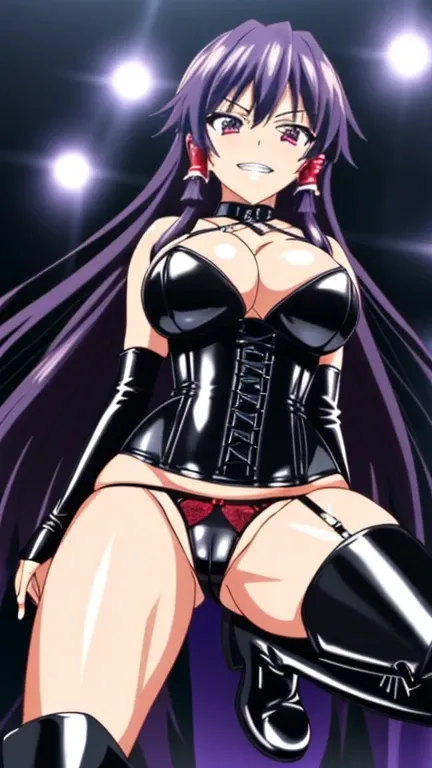 Worm’s Eye View,POV,(from below),anime,lighting forward,night club stage,(clothing dominatrix costume:1.2),hakurei_reimu,(large breasts),evil grin,,,dynamic angle,((Long gloves covered in black latex all the way to the fingertips), (Black latex corset dres...