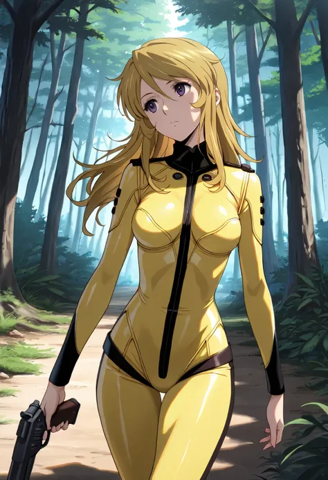 (masterpiece, best quality), , 1girl, fyuk1, solo, mori yuki, blonde hair, purple eyes, long hair, yellow_bodysuit , looking away,head tilt, outdoor, day,  forest,  walking,  gun,  holding gun,dark lighting,