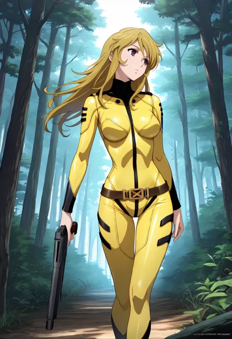 (masterpiece, best quality), , 1girl, fyuk1, solo, mori yuki, blonde hair, purple eyes, long hair, yellow_bodysuit , looking away,head tilt, outdoor, day,  forest,  walking,  gun,  holding gun,dark lighting,