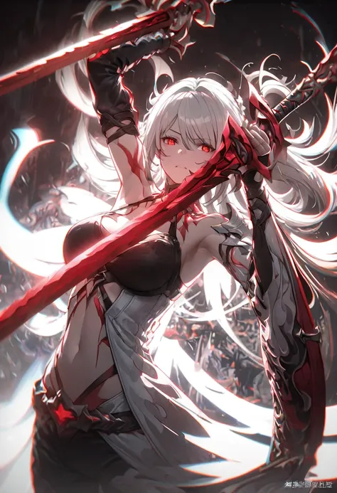  a white-haired woman with red highlights, a neutral facial expression ,  detailed red eyes,  holding a large red sword ,Fantasy, dramatic lighting , intricate details, hyper detailed , kinematic,  vibrant colors,dramatic pose,strong lighting,dark shadows,...