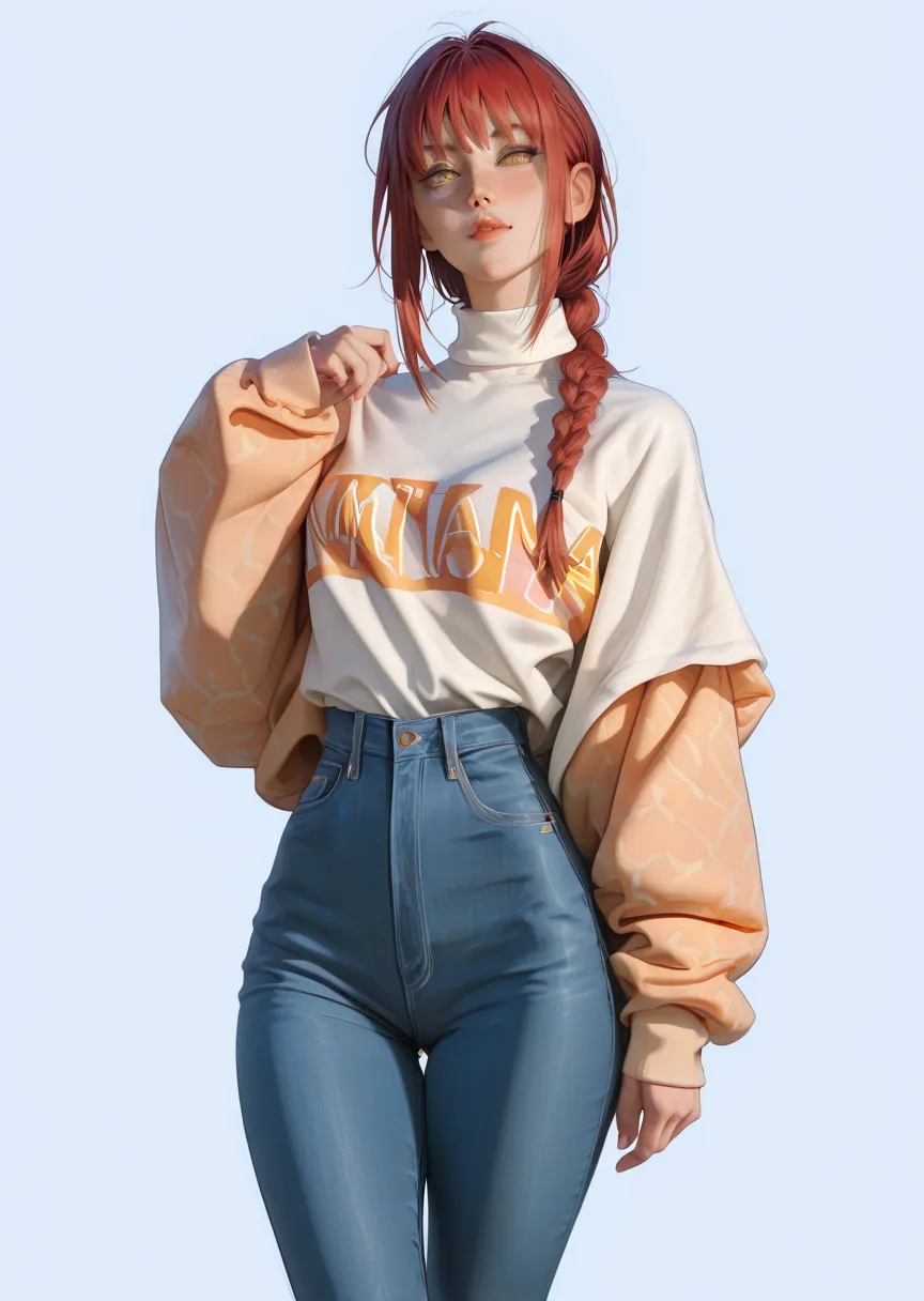 solo, 1girl, retro clothing, patterned clothing, jeans, makima_(chainsaw_man)
