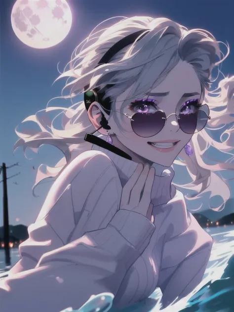  1 girl,  shoulder out, bubble,  earrings, ,  full moon,  headset,  Watch viewers,  makeup on streaks, nose,  open your mouth,  purple eyes, smile, Alone,   sunglasses ,   sweater , tears, ultra sharp dsk style, In the water, Gray Hair, ultra sharp dsk sty...