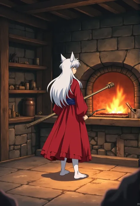  masterpiece,  the best quality, , anime screenshot, ,  official style,  looking at the spectator, , 1 , Alone ,  male approach, Inuyasha,  white hair,  yellow-eyed,  feet ,  dog ears,  long hair, , , , , ancient forge ,  stone oven ,  tool shelves ,  Work...