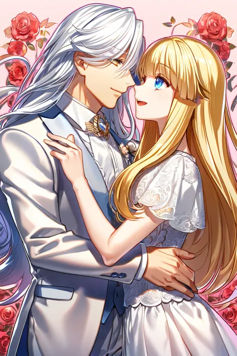 absurdres, highres, ultra detailed, HDR, master 
, best quality, delicated features, couples,male character and female character,looking at each other, hug, long hair boy and short hair girl, valentine,pink background 

- Male character: very long white ha...