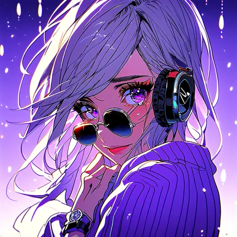  1 girl,  shoulder out, bubble,  earrings, ,  full moon,  headset,  Watch viewers,  makeup on streaks, nose,  open your mouth,  purple eyes, smile, Alone,   sunglasses ,   sweater , tears, ultra sharp dsk style,  Gray Hair, ultra sharp dsk style