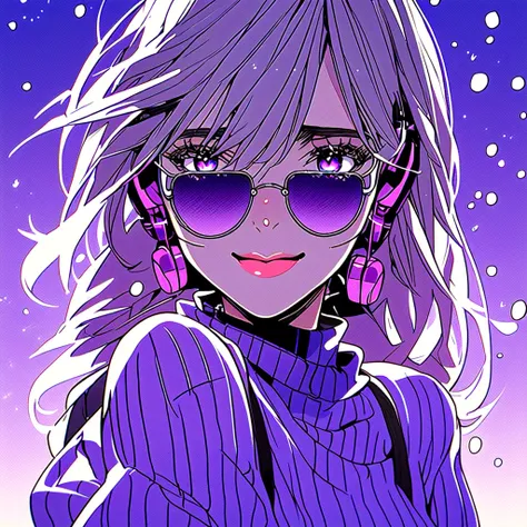  1 girl,  shoulder out, bubble,  earrings, ,  full moon,  headset,  Watch viewers,  makeup on streaks, nose,  open your mouth,  purple eyes, smile, Alone,   sunglasses ,   sweater , tears, ultra sharp dsk style,  Gray Hair, ultra sharp dsk style