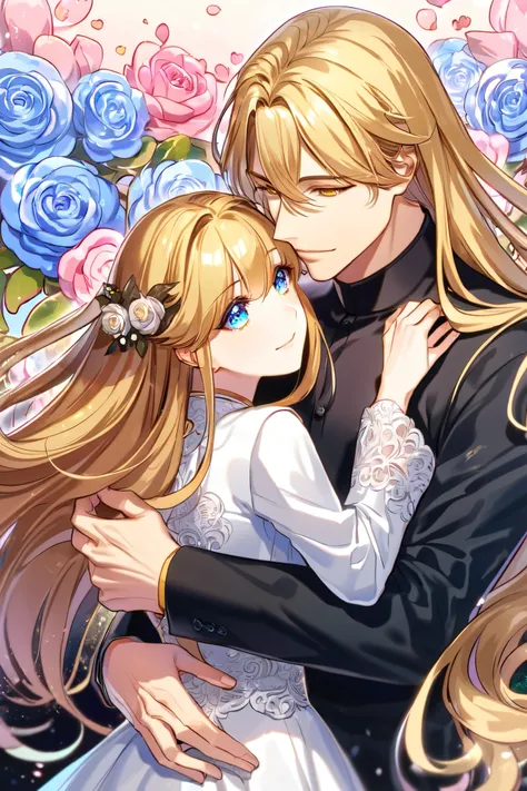 absurdres, highres, ultra detailed, HDR, master 
, best quality, delicated features, couples,male character and female character,looking at each other, hug, long hair boy and short hair girl, valentine,flower background 

- Male character: very long blonde...