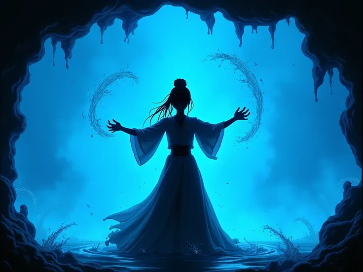 Katara from the last airbender silhouette making a water magic in blue background, wavy borders in black background