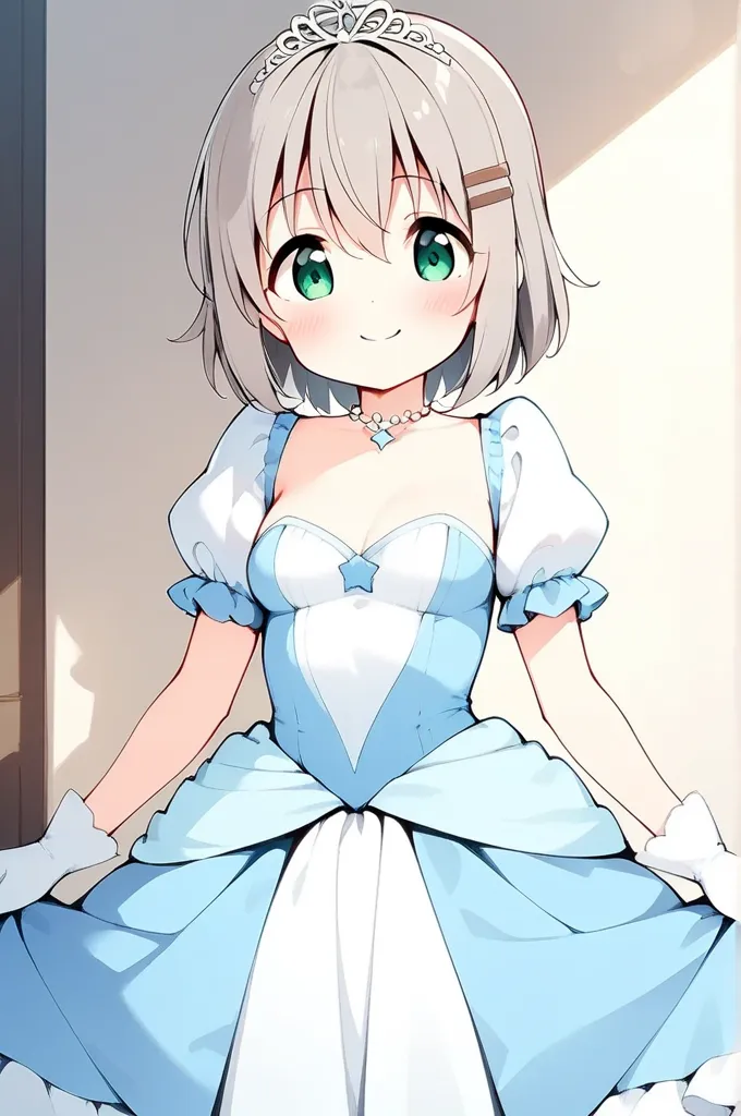 1girl, solo, yukimura aoi, short hair, grey hair, green eyes, hair ornament, hairclip, eyebrows visible through hair, hair between eyes, brown hair, silver hair, {{medium breasts}}, {{{smile}}}, {{{{masterpiece}}}}, {{{best quality}}}, {{{high quality}}}, ...