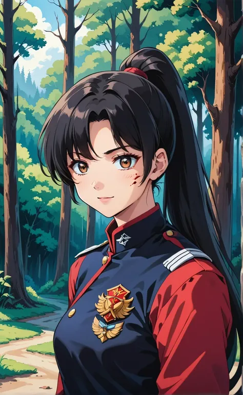  score_9,  score_8_arriba,  score_7_arriba,   source  _animated,
inuyashablood,
blood,  long hair,  black hair ,  brown eyes, Retro style,
 ponytail , armor, body, pilot's uniform,
 outdoor, forest,  nature,
 looking at the spectator,