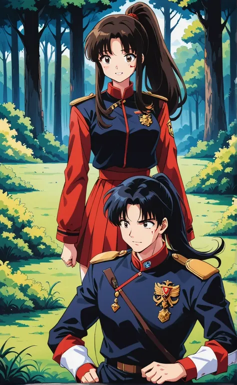  score_9,  score_8_arriba,  score_7_arriba,   source  _animated,
inuyashablood,
blood,  long hair,  black hair ,  brown eyes, Retro style,
 ponytail , armor, body, pilot's uniform,
 outdoor, forest,  nature,
 looking at the spectator,