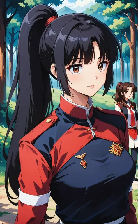  score_9,  score_8_arriba,  score_7_arriba,   source  _animated,
inuyashablood,
blood,  long hair,  black hair ,  brown eyes, Retro style,
 ponytail , armor, body, pilot's uniform,
 outdoor, forest,  nature,
 looking at the spectator,