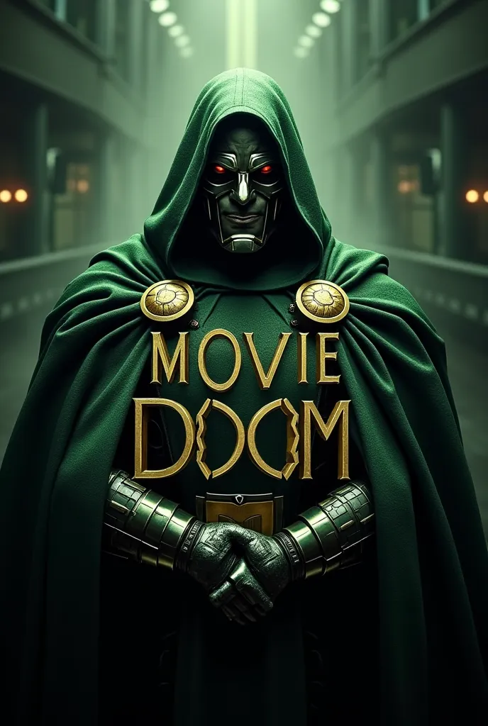 Create a logo of Dr doom villain marvel in the logo name writtened MOVIE-BOOST