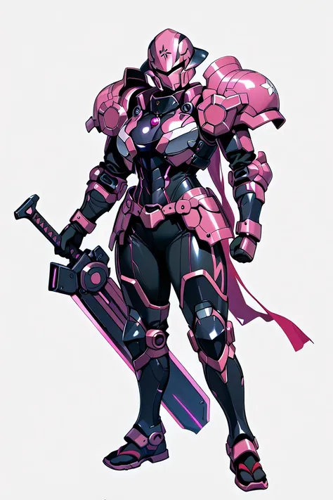 score_9, score_8_up, score_7_up, source_anime, rating_safe, , (realistic: 0.6), front visor, 1 female, solo, female focus, issei_Hyoudou, powered up equipment, samurai-type armor, dark pink armor, red gems, golden details, full armor, slender body, wide hi...