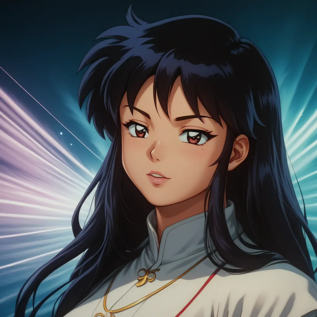  score_9,  score_8_arriba,  score_7_arriba,  score_6_arriba,  masterpiece,   It is of the best quality , ( a girl), Kikyo,  Alone,  long hair,  black hair ,  brown eyes, sidelocks,  cutting the hime , Retro style, (luz de luna:1.2),  Chromatic Aberration ,...