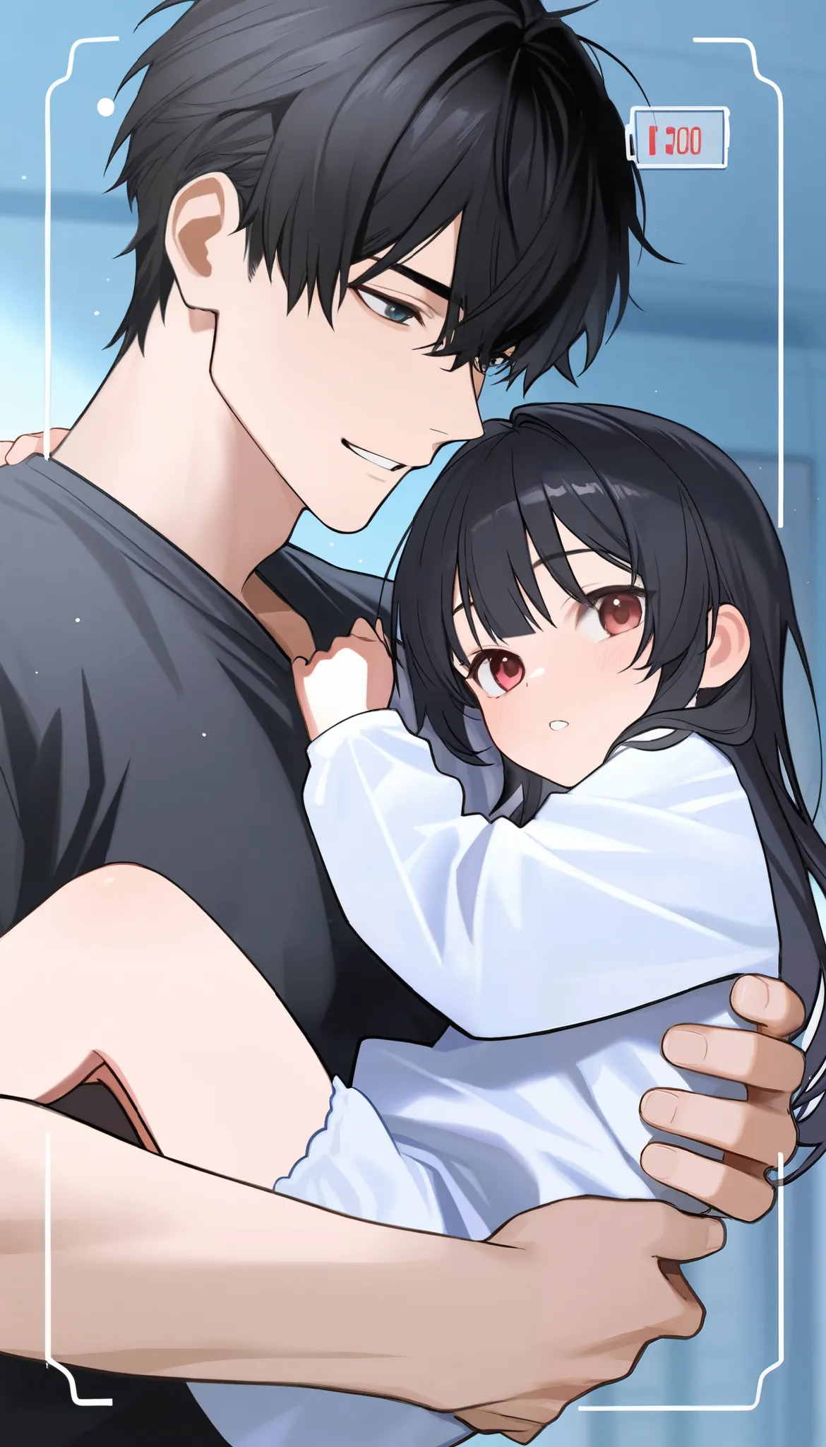 a ((dad)) carrying his (baby daughter) over his shoulders,score_9_up, score_8_up, masterpiece, best quality, ((within frame)), black hair