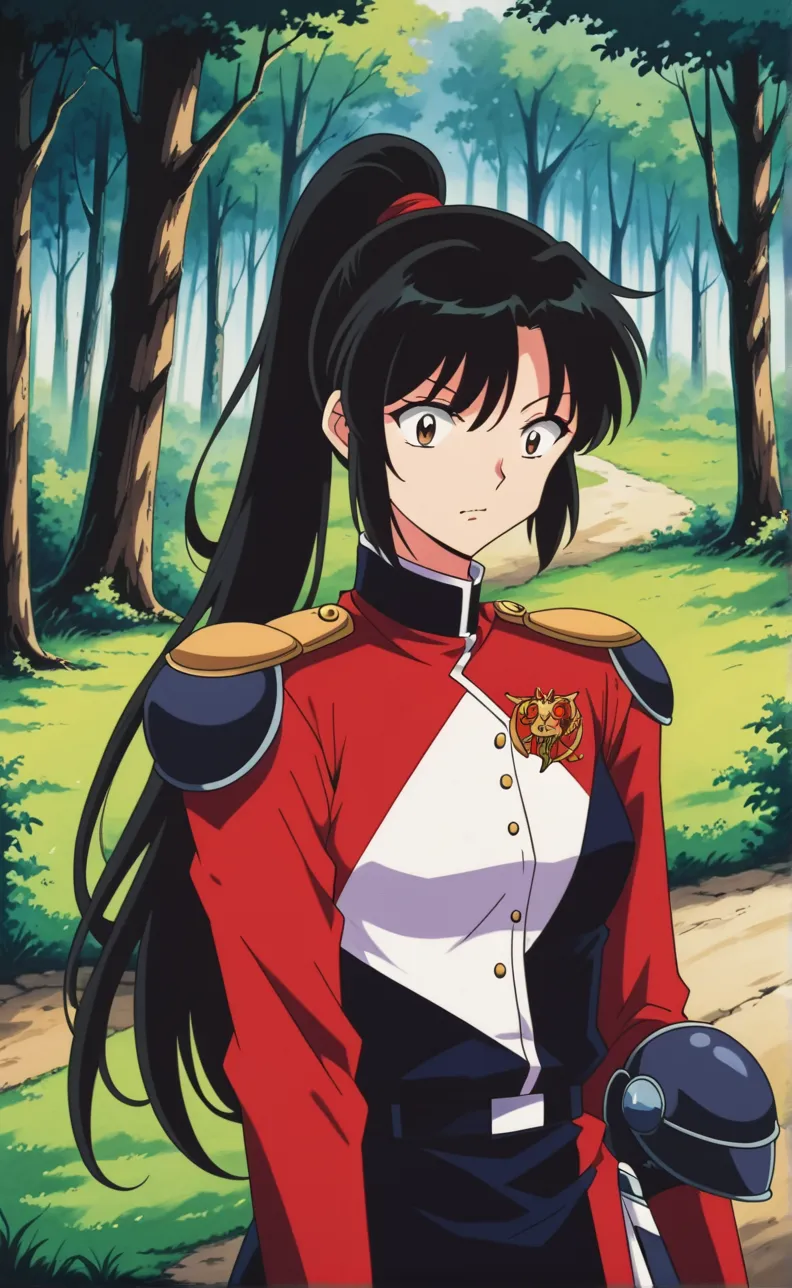  score_9,  score_8_arriba,  score_7_arriba,   source  _animated,
inuyashablood,
blood,  long hair,  black hair ,  brown eyes, Retro style,
 ponytail , armor, body, pilot's uniform,
 outdoor, forest,  nature,
 looking at the spectator,