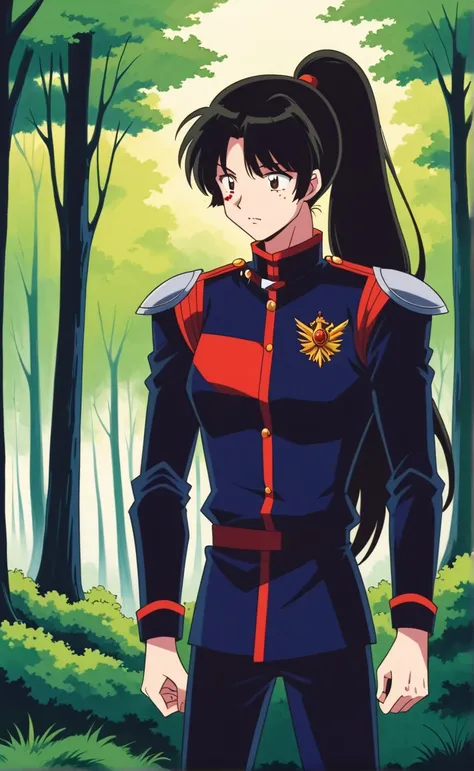  score_9,  score_8_arriba,  score_7_arriba,   source  _animated,
inuyashablood,
blood,  long hair,  black hair ,  brown eyes, Retro style,
 ponytail , armor, body, pilot's uniform,
 outdoor, forest,  nature,
 looking at the spectator,