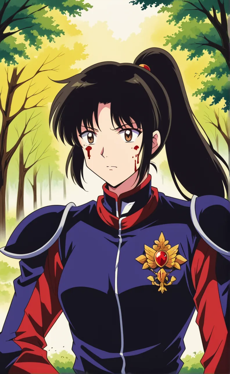  score_9,  score_8_arriba,  score_7_arriba,   source  _animated,
inuyashablood,
blood,  long hair,  black hair ,  brown eyes, Retro style,
 ponytail , armor, body, pilot's uniform,
 outdoor, forest,  nature,
 looking at the spectator,