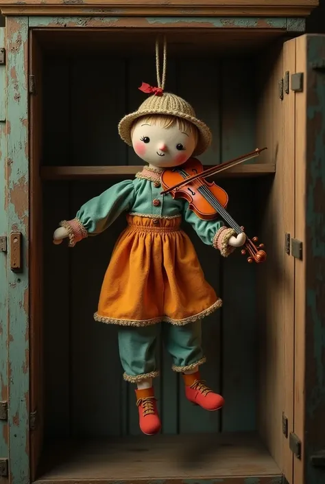 A cloth doll resembling a violinist in multi-colored cloth hanging in a wooden closet In a cinematic mode, as if it were a scene from a movie
