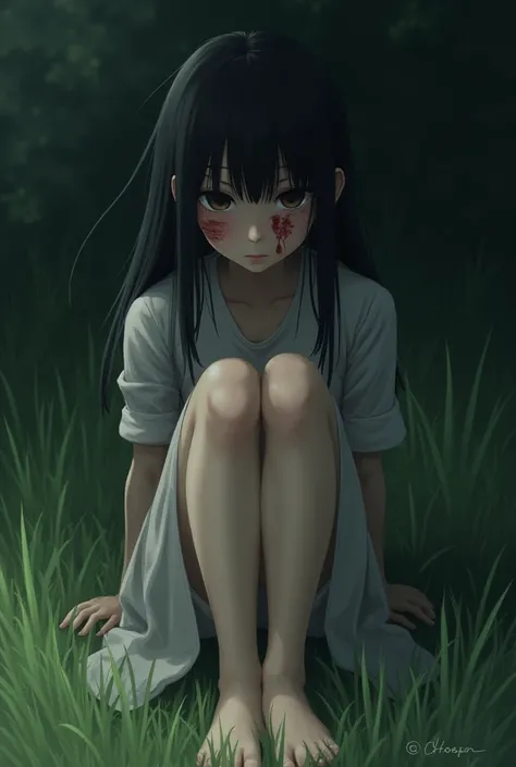  Black-haired girl with long fringe ,  sitting on the grass , banged on her face with bruises ,  barefoot ,  with a dress 👗