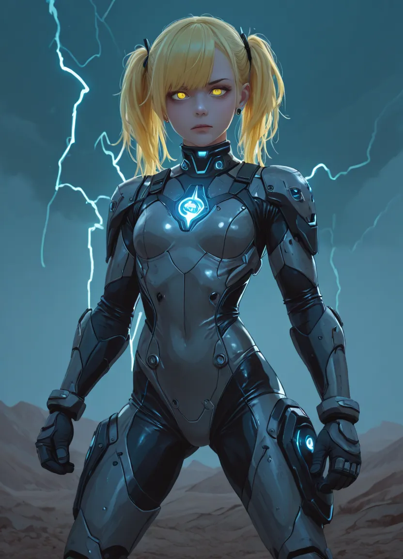 Amidst a stormy night, with lightning crackling across a dark and ominous sky, stands the formidable Thunder Ranger—a fierce yet youthful warrior. Her delicate, loli-like face contrasts with her intense presence, her piercing eyes reflecting the electric f...