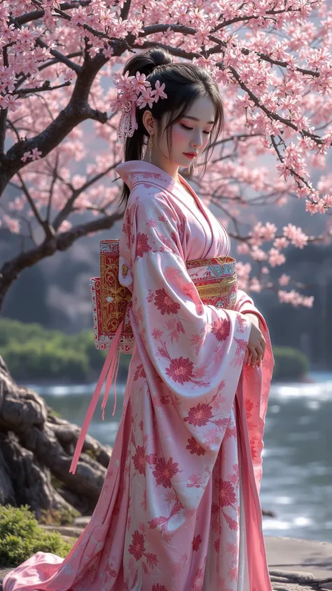 Excellent quality， Outstanding work ，realistic， beautiful woman standing in quiet Japanese garden，Cherry blossoms ，Eye rest ，Beautiful view ，traditional style， high resolution，Extremely detailed 8K ，realistic之美，Perfect eyes，Smile subtly，