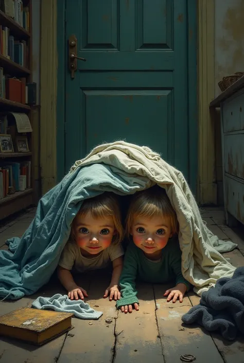 The shining twins playing under pile of clothes in old lady retirement home