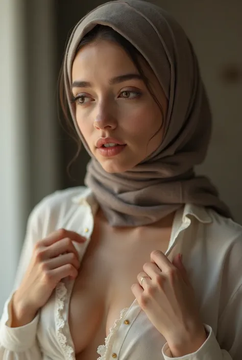 Hijabi pulling down her blouse