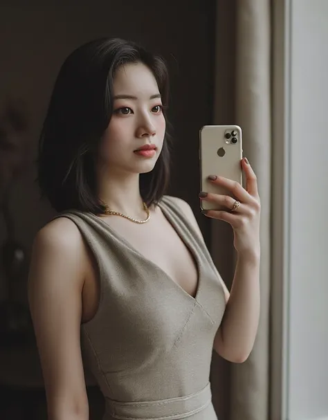 Visible from the window,,  mirror selfie,  has a cell phone,  ,  cute　 adorable by design　petite 24 year old girl ,  mirror selfie,  has a cell phone, A dirty mirror , Bleak Room、Ｖneck、 C cup、 bob hair、Hair shorter than shoulders、Married、Ring on left ring ...