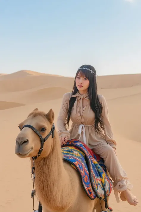 "A woman riding on the back of a camel, traveling through a vast desert landscape. The camel has a decorative saddle with bright patterns, and the woman is wearing light, flowing clothes suitable for desert travel, along with a headscarf to shield her from...