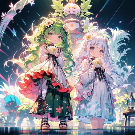  masterpiece、smile、 anime girl with long white hair, dark green hair、可愛い anime girl with long white hair、smile、((chrysanthemum))、many chrysanthemum、 fractal art、Gwaiz、 pool、garden、Flower garden、Red butterfly