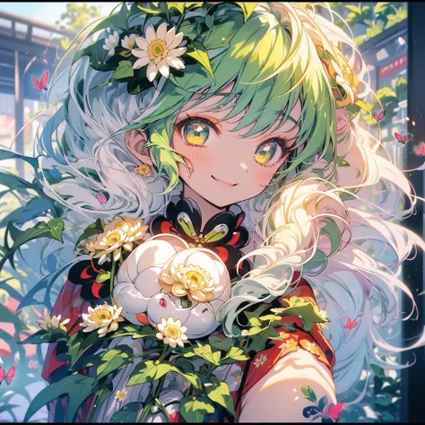  masterpiece、smile、 anime girl with long white hair, dark green hair、可愛い anime girl with long white hair、smile、((chrysanthemum))、many chrysanthemum、 fractal art、Gwaiz、 pool、garden、Flower garden、Red butterfly