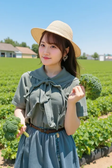 "A cute young woman harvesting broccoli in a lush green field. She is wearing casual and comfortable farming clothes, such as a straw hat, plaid shirt, and overalls, with a warm and cheerful expression on her face. She is holding fresh broccoli in her hand...