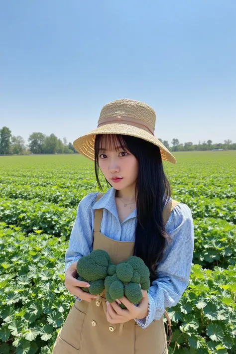 "A cute young woman harvesting broccoli in a lush green field. She is wearing casual and comfortable farming clothes, such as a straw hat, plaid shirt, and overalls, with a warm and cheerful expression on her face. She is holding fresh broccoli in her hand...