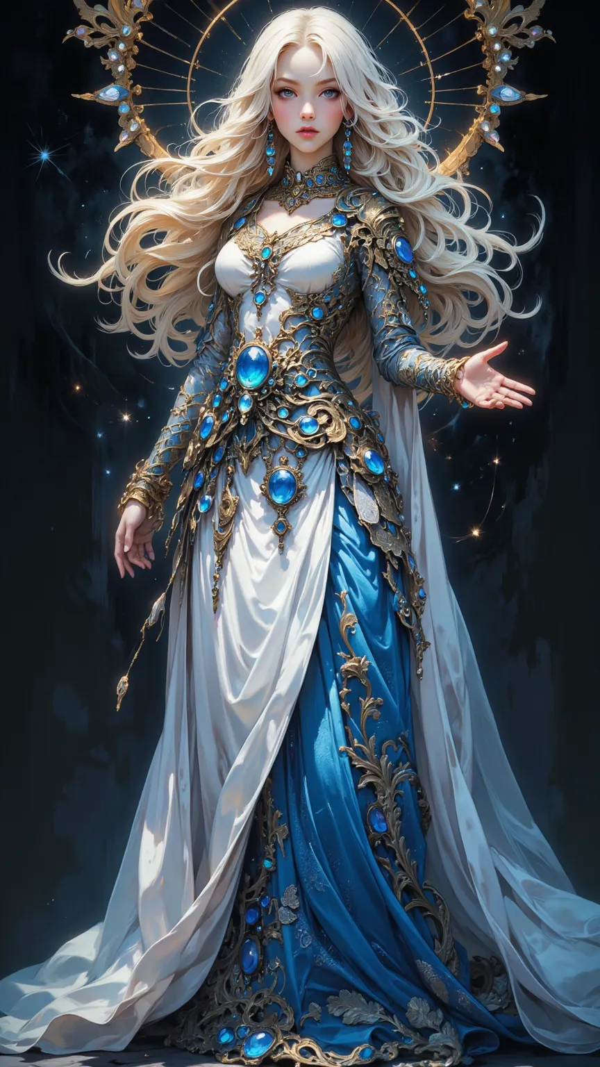  A beautiful holy woman ， Long hair with blond hair ， Design should be subtle ， Mysterious blue skirt ， cool expression。 Gorgeous full body ， Wearing thick style ， White lace long dress ，White Tulle Skirt。 Various shiny Gemstone Ornaments 。 Extremely Detai...