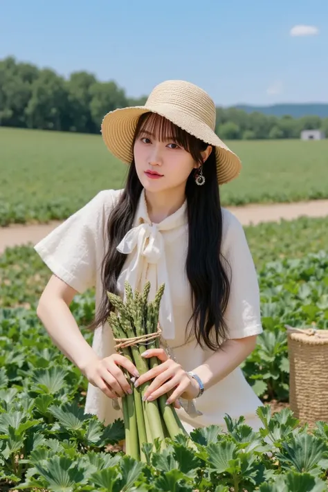 "A woman harvesting asparagus in a green field during a sunny day. She is wearing practical farming clothes, such as a wide-brimmed straw hat, a lightweight shirt, and work gloves. She is kneeling or crouching to pick fresh asparagus spears, placing them c...