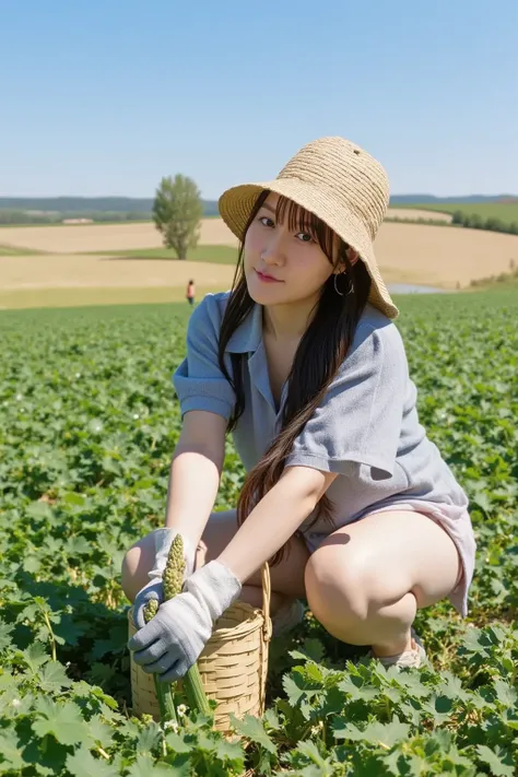 "A woman harvesting asparagus in a green field during a sunny day. She is wearing practical farming clothes, such as a wide-brimmed straw hat, a lightweight shirt, and work gloves. She is kneeling or crouching to pick fresh asparagus spears, placing them c...