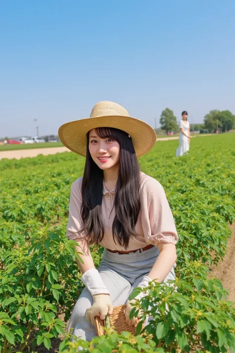 "A woman harvesting asparagus in a green field during a sunny day. She is wearing practical farming clothes, such as a wide-brimmed straw hat, a lightweight shirt, and work gloves. She is kneeling or crouching to pick fresh asparagus spears, placing them c...