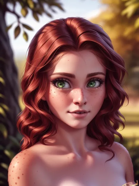 ( by personalami ), adult, 18 years old, (((humanoid))), red-haired,  fine strokes,  green eyes, freckles. 4K,  realistic, beautiful,  beautiful, innocent, (SHADING), :1.2, (())