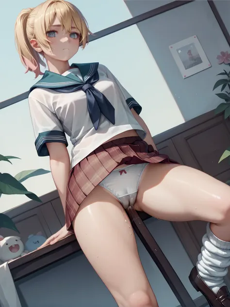 score_9, score_8_up, score_7_up, score_6_up, source_anime, 1girl, table humping, wet panties, cameltoe, glossy blonde hair, twin ponytail, sailor suits, plaid skirt, loose socks, loafers, thigh gap, love juice dripping down on thighs, dynamic angle, crotch...