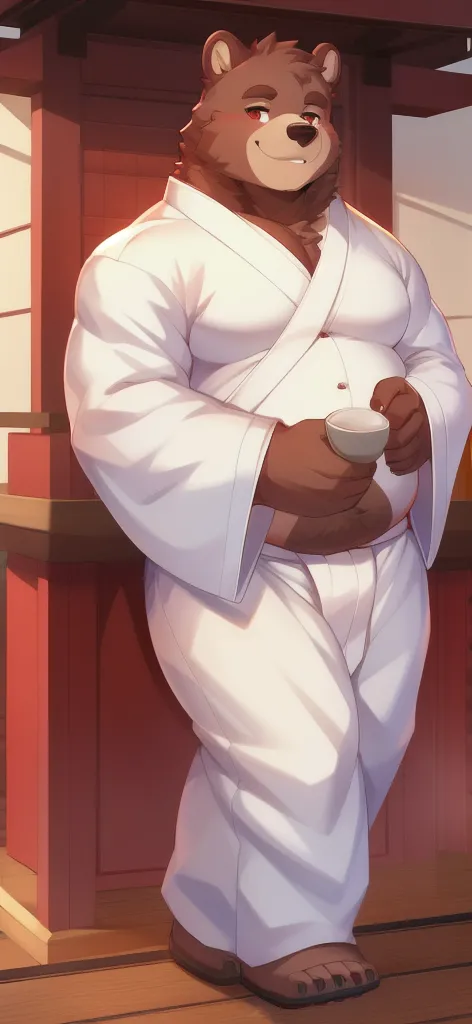 Solo , Tall male , Big body , Position, Standing , Miko shrine , bear grizzly, White Kimono Shirt Miko Red Kimono Pants Miko, Overweight , Muscular Band, Smile, Written by Chuni