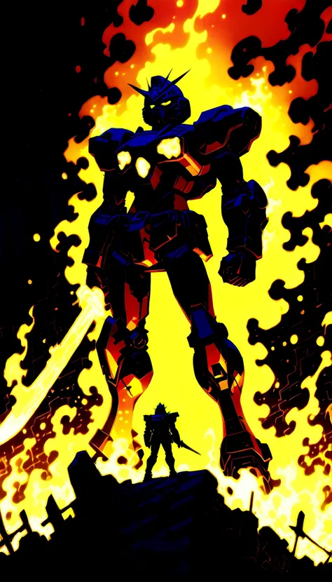 A dramatic yaoi-style illustration featuring a powerful, battle-worn Gundam Barbatos standing amidst a war-torn city. The background is engulfed in chaos, with towering skyscrapers crumbling, fire raging, and thick dust filling the air. The mech holds a ma...