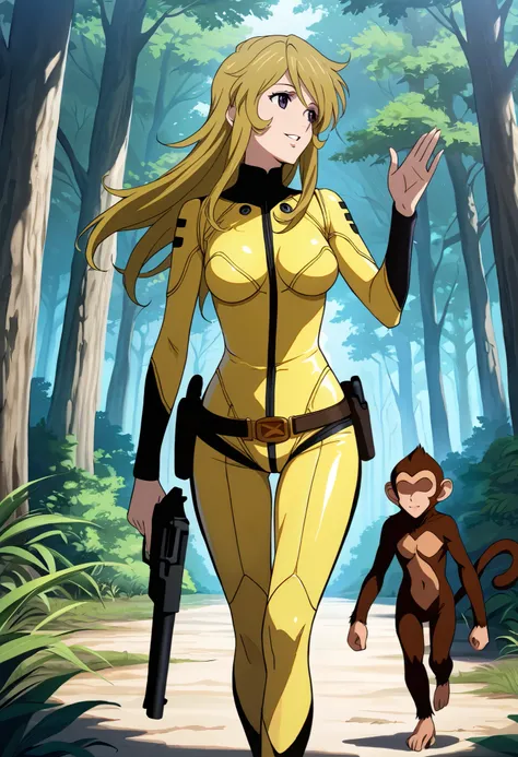(masterpiece, best quality), , 1girl, fyuk1, solo, mori yuki, blonde hair, purple eyes, long hair, yellow_bodysuit , a relieved face, smile, parted lips, looking away , outdoor, day, forest, walking, gun, holding gun, hand up, 1girl, 1boy (monkey, ...
