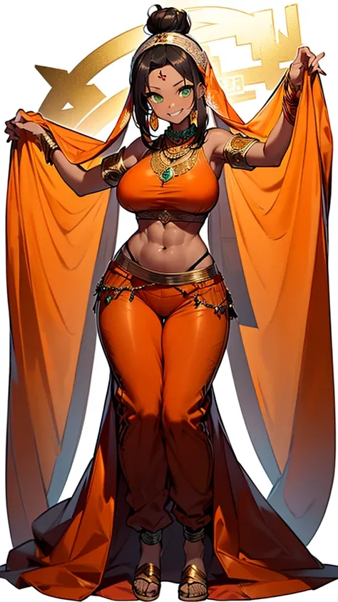 The image shows (((a young woman))), (((tall woman))), wearing ((((((an orange outfit)))))) with (((gold and red details))), dark skin, (((green eyes))), half-closed eyes, ((large breasts)), (thick thighs), (((mischievous smile))), (((teeth))), her costume...